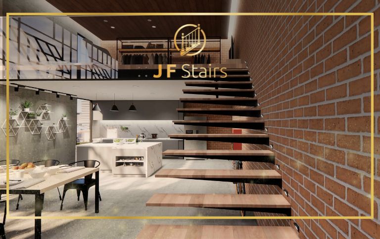 Modern floating staircase design with wood steps and minimalist structure