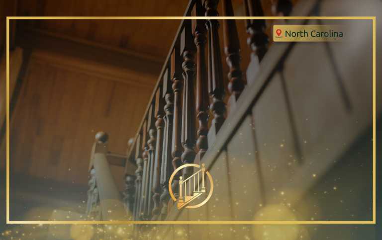 modern stair railing with metal and wood design in a North Carolina home