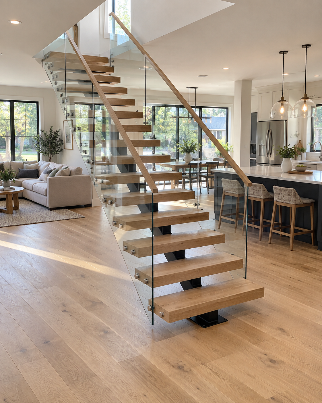 Floating stairs with glass railing in Chapel Hill, NC
