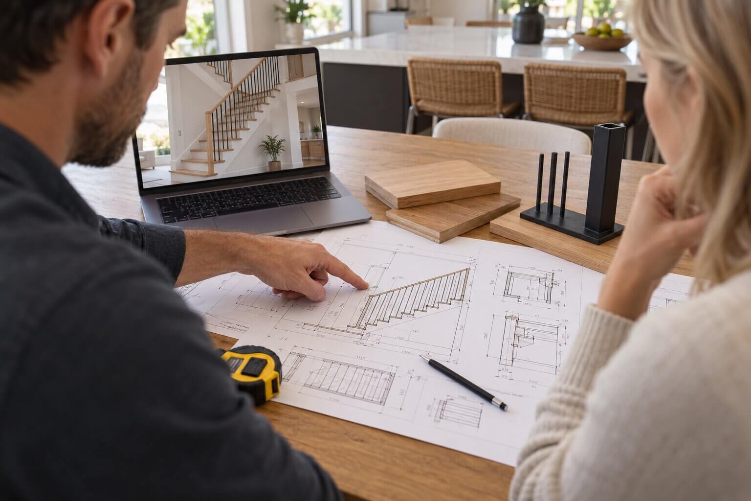 Reviewing custom staircase plans with a homeowner
