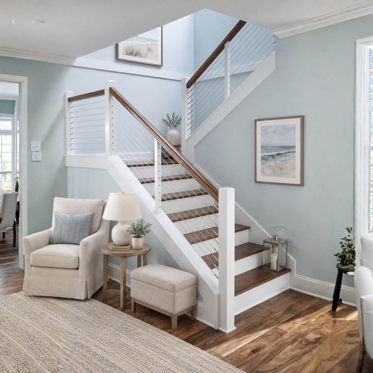 U-shaped stairs with cable railing in Holly Springs, NC