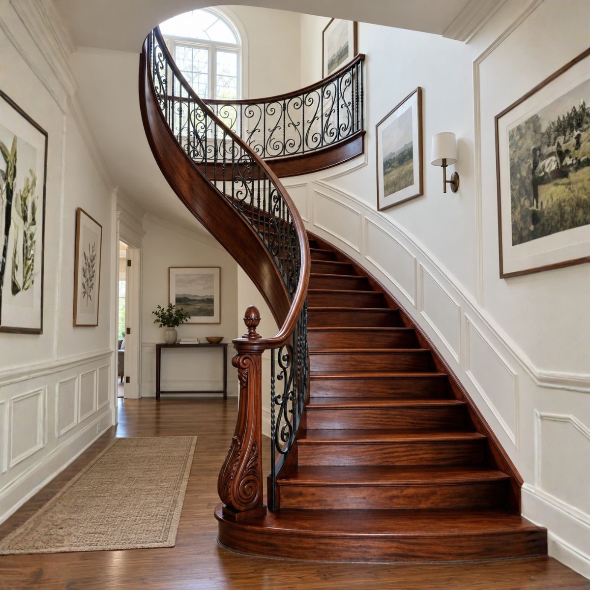 Curved stairs with Victorian wrought iron railing in Fuquay-Varina, NC