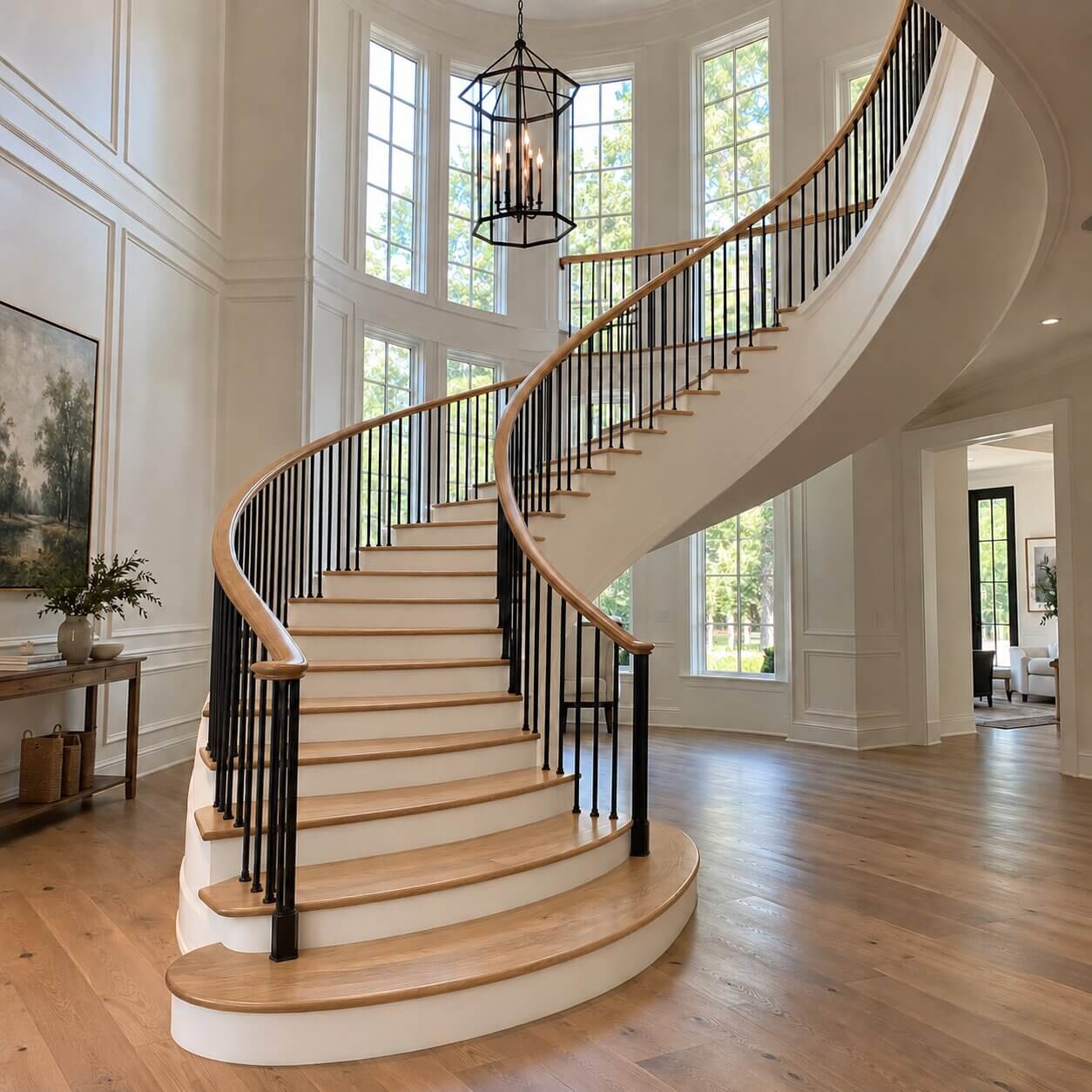 Grand curved staircase in a two-story foyer with iron balusters